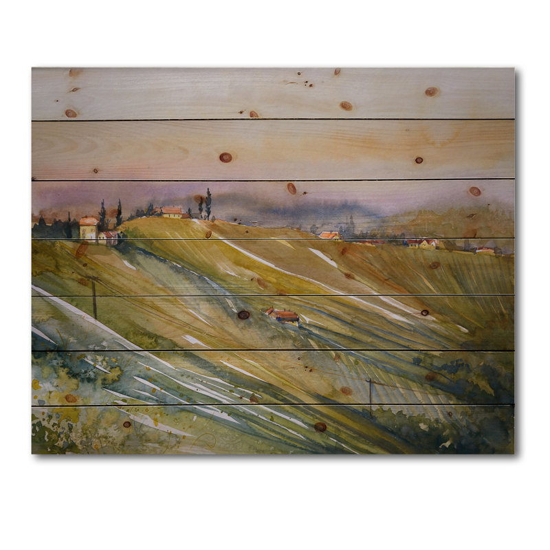 Vignoble à l'aube en Toscane, Italie - impression champêtre sur bois de pin naturel, H 30 po x l 40 po x P 0,78 po