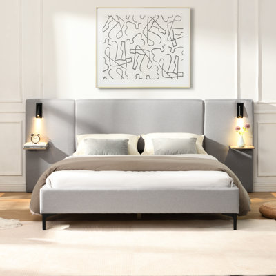 Grand lit rembourré en lin gris avec lumières intégrées, étagère, structure en bois, cadre de confort pour chambre à coucher pour grand lit, lumières et tablettes intégrées, essentiel