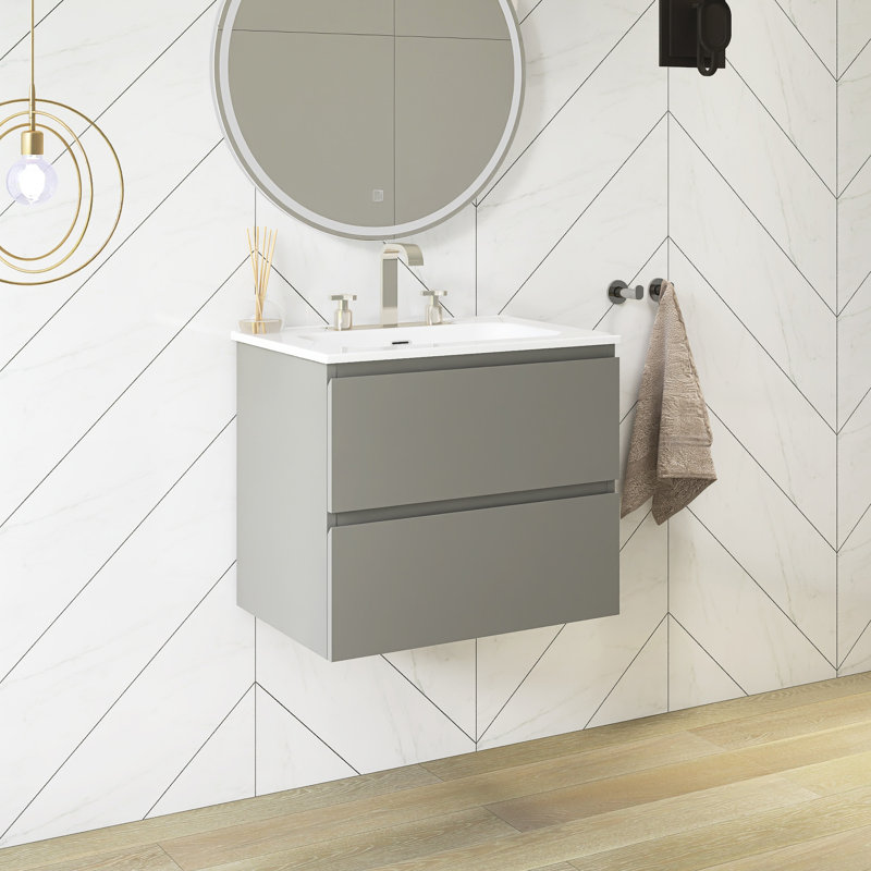 Meuble-lavabo mural 24 po avec comptoir en céramique blanche, Blanc + gris