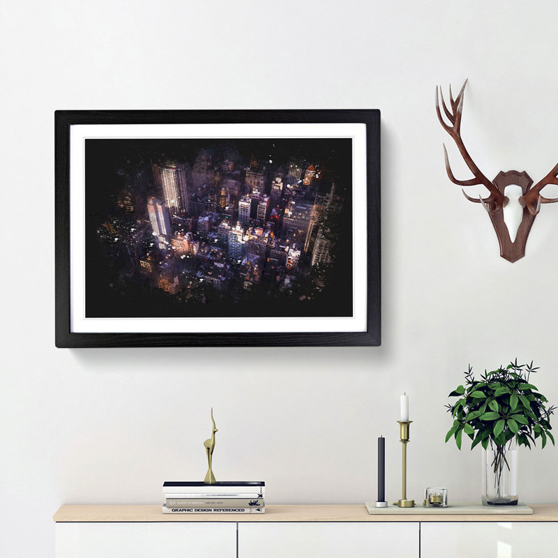 Above New York City Paint Splash - Picture Frame Graphic Art, 62cm H x 87cm W x 2cm D, Black Framed