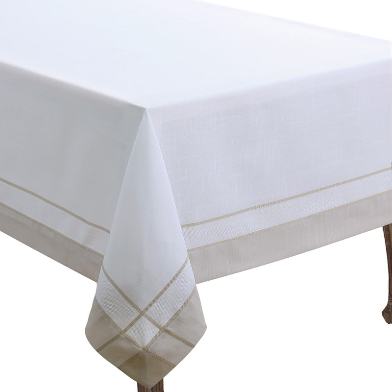 Natural Beige Banded Border Square Tablecloth, 72 Inch