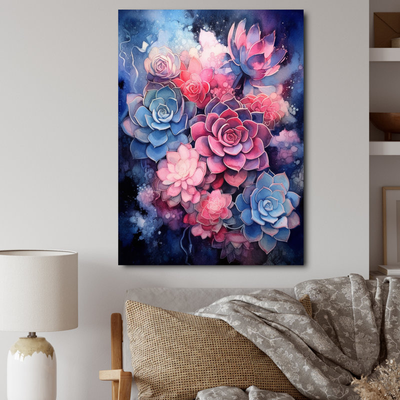 Rose, bleu, résilience des plantes grasses - impression, H 44 po x l 34 po x P 1,5 po, Toile tendue