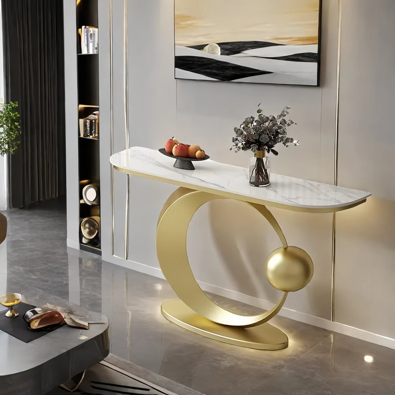 Console luxueuse pour hall d'entrée en ardoise, H 31,5 po x l 47,2 po x P 11,8 po, Blanc, Doré