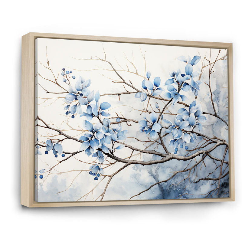 Art sur toile, feuilles bleues et grises, Cadre naturel flottant, H 16 po x l 32 po x P 1 po
