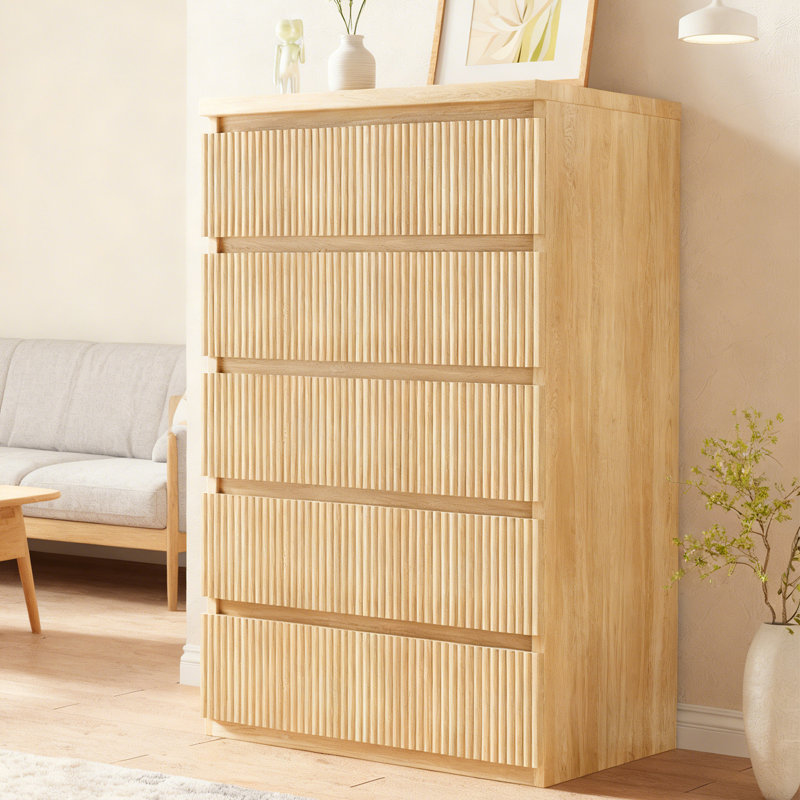 Modern 5-Drawer Vertical Storage Dresser with Textured Drawers and Compact Narrow Fit, Ivory