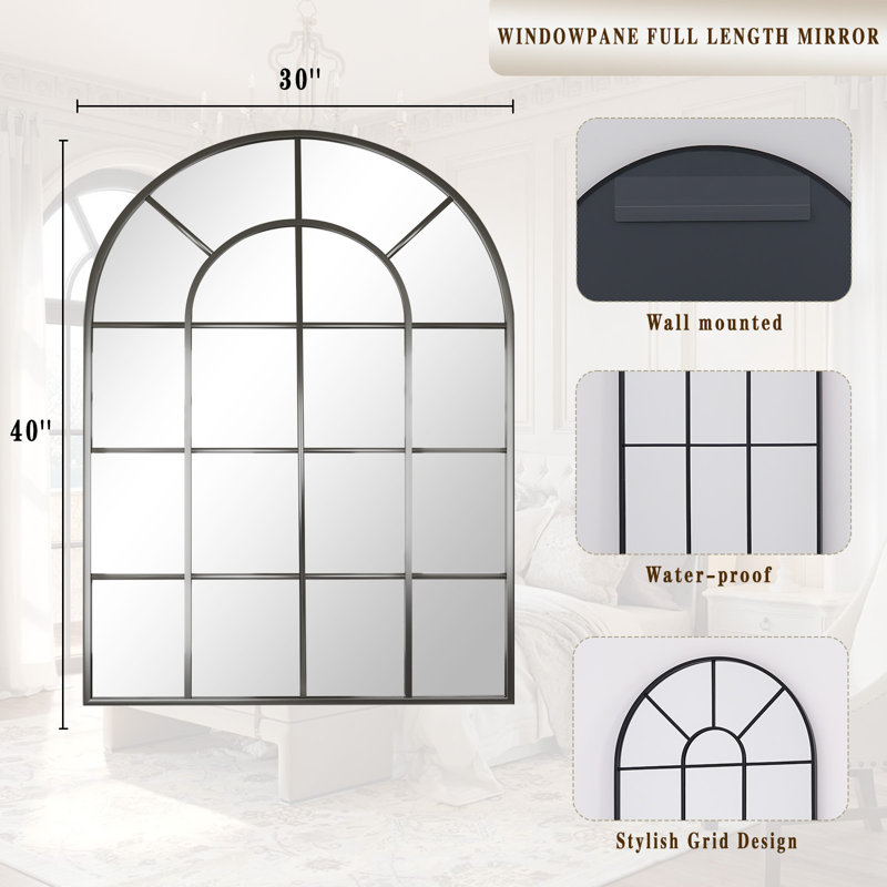 Arched Wall Mirror Aluminum Alloy Window Pane Mirror Wall Decor, Black, 40" x 30"