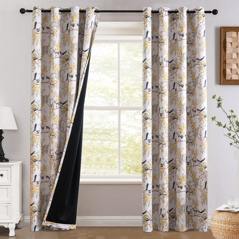 100% Blackout Curtains 2 Panels Set Hummingbird Floral Printed Drapes for Bedroom with , 52" W x 84" L, Mustard Yellow