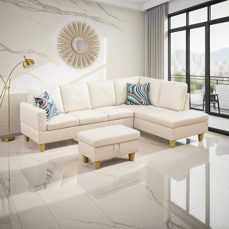 Ensemble de canapé modulaire 3 pièces en similicuir blanc avec repose-pieds, Accoudoir à droite (vu de face), Jaune