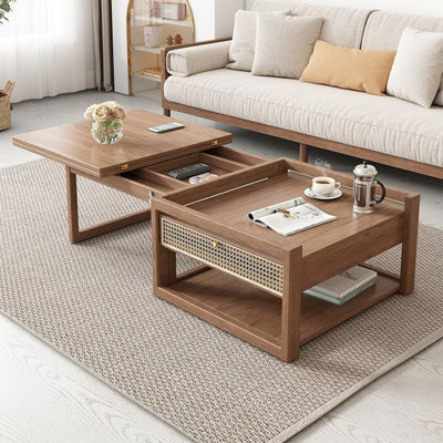 Table basse gigogne multifonctionnelle 47 po avec 2 tiroirs et tablette ouverte, ensemble de tables basses rectangulaires en bois pour le salon, finition noyer (l 47,2 po x P 23,6 po x H 18,9 po)