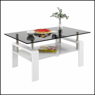 Table basse rectangulaire avec plateau en verre trempé et rangement en panneau de fibres à densité moyenne, mobilier de salon moderne et durable