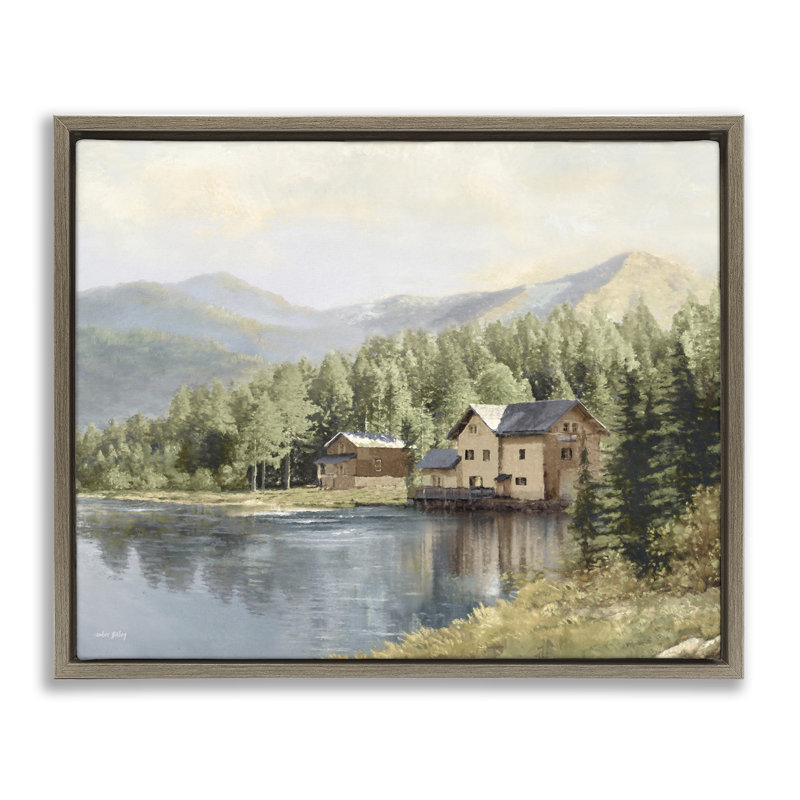Lakeside Cabin with Mountain View Framed Floater Canvas Wall Art, design by Amber Sterling, 17" H x 21" W