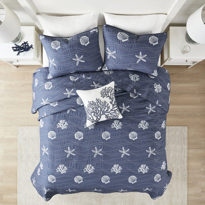 Literie réversible 4 pièces en coton bleu marine avec courtepointe rembourrée et grand, facile à nettoyer, Marine