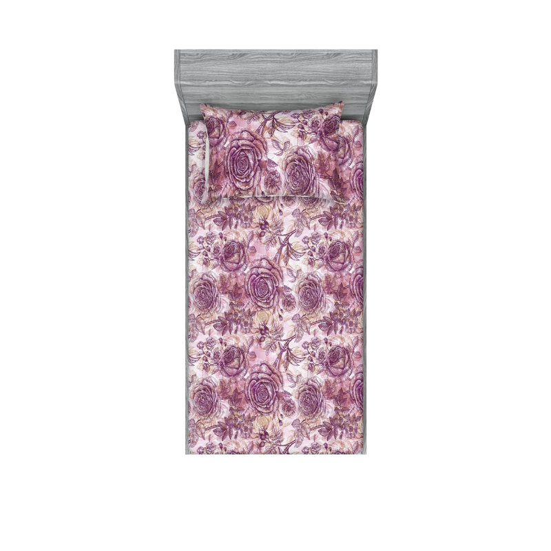Ambesonne Fitted Sheet & Shams 3 Pcs Spring White Asters Calking Pistachio Green Mustard, Purple/Champagne Floral
