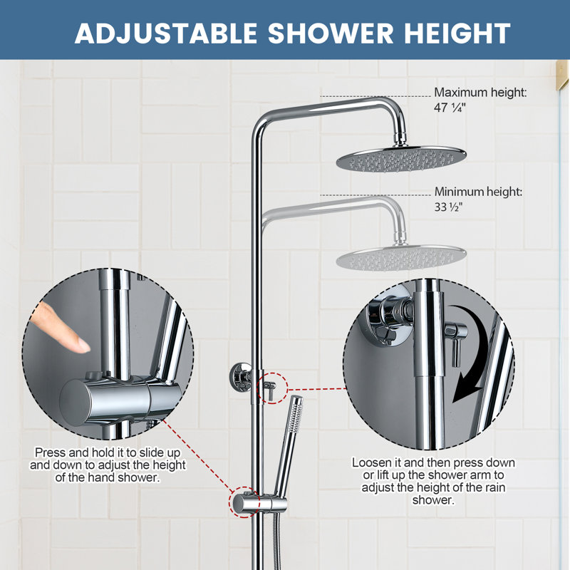 Système de douche mural complet à 3 fonctions avec barre coulissante et bec de baignoire 47 po H 47 po, Chrome poli