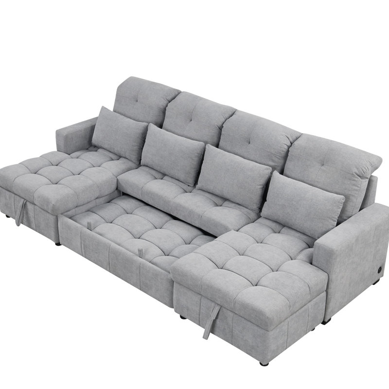 En forme de U avec deux chaises longues et un rangement, des ports, une housse de décoration en chenille chic, une chaise de rangement double grise, une mousse de qualité