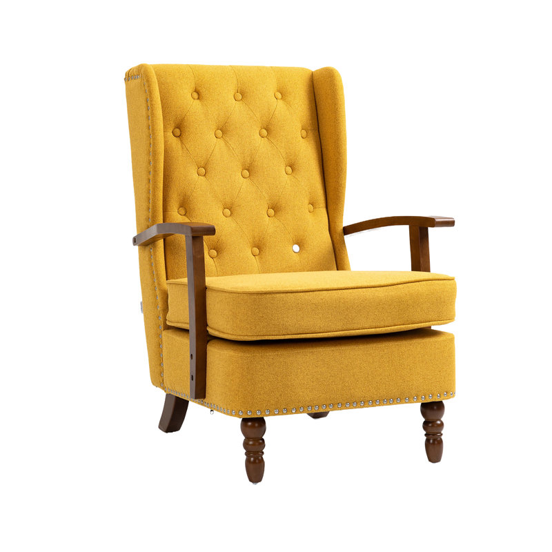 Fauteuil à oreilles rembourré Biali, Lin jaune moutarde