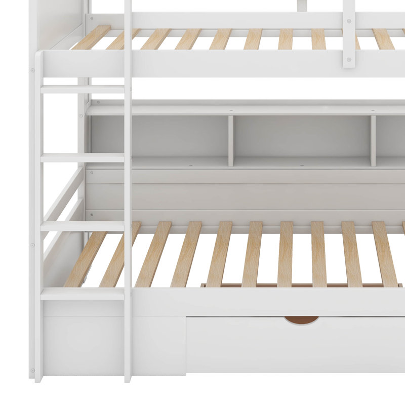Lit superposé simple avec tablettes intégrées et tiroir de rangement, Blanc