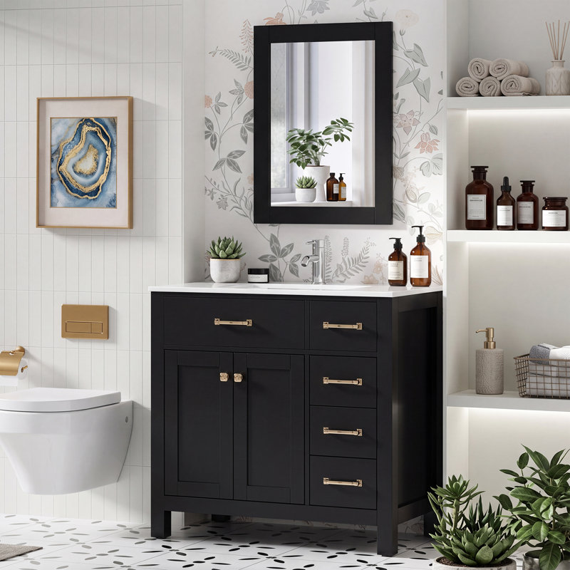36" Single Bathroom Vanity Set with Sink Top and Mirror, Soft-Close Doors, Black