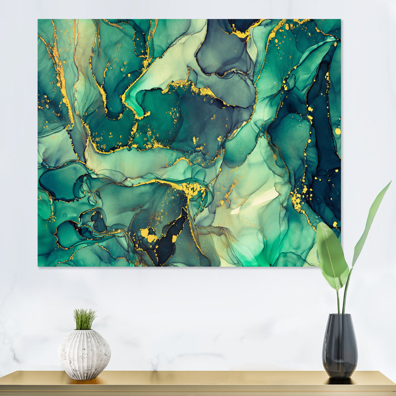 «Green Luxury Abstract Fluid Art IV», reproduction d'art sur toile moderne, H 24 po x l 32 po, Toile tendue