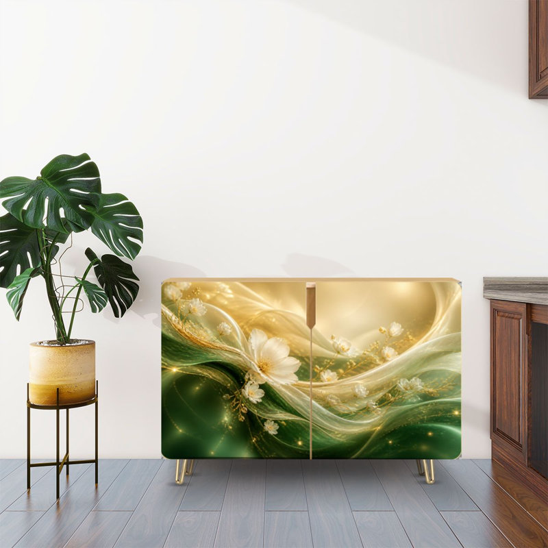 Sideboard Buffet Cabinet with Storage Elegant Floral Design White Flowers Golden Green Flowing with 2 Doors for Living Room and Kitchen