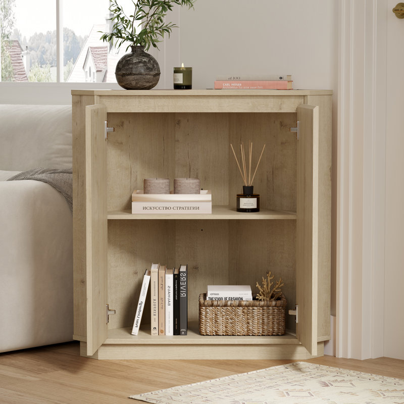 Modern Handless Corner Floor Cabinet With 2 Doors & Adjustable Shelves, Light Oak