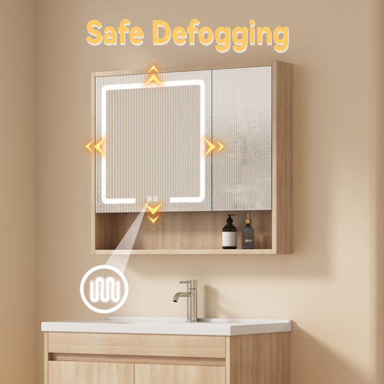 Medicine Cabinet Mirror with Led Light 32" W x 28" H Lighted Vanity Mirror Wall Mounted Bathroom Storage Cabinet,Defog,Stepless Dimming,Medicine Cabinet with Lights 3-Colour Temper Chang,GreyWalnut