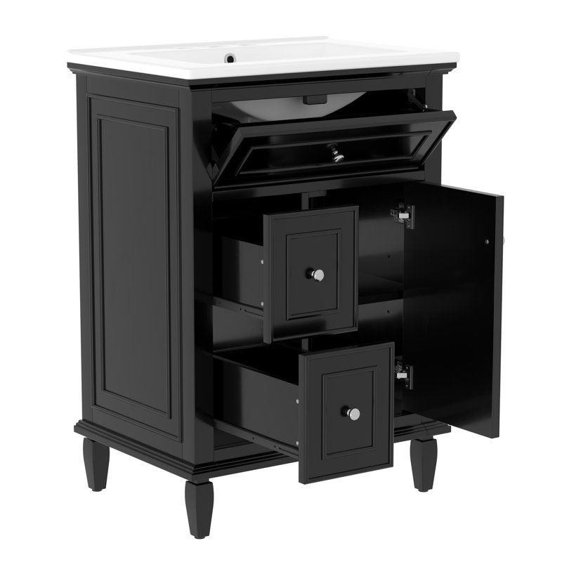 24"Bathroom Vanity with Sink, Solid Wood & MDF Cabinet with Flip Drawer and 2 Drawers, Adjustable Shelf, Modern Small Space Storage Unit
