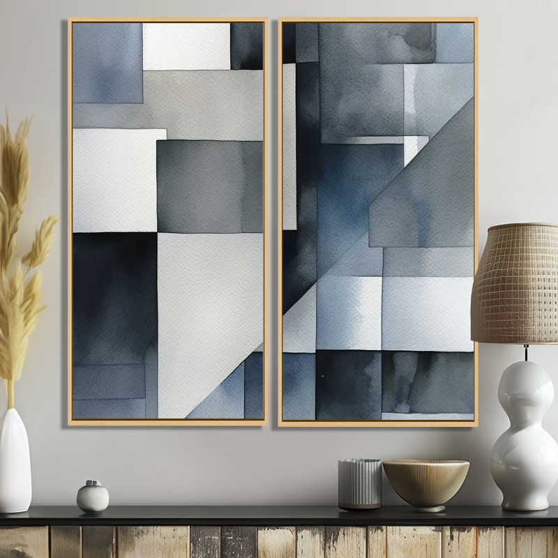 Gris et bleu abstrait zen - art mural moderne gris 2 panneaux, 32" H x 32" W, Impression encadrée flottante, Cream