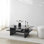 Table basse moderne avec plateau 100% verre trempé, couleur saphir et transparent, 41,3 po x 13,8 po x 25,6 po | 100% panneau de particules enduit de mélamine, épaisseur de 0,71 pouce | Design élégant et fonctionnel pour le salon