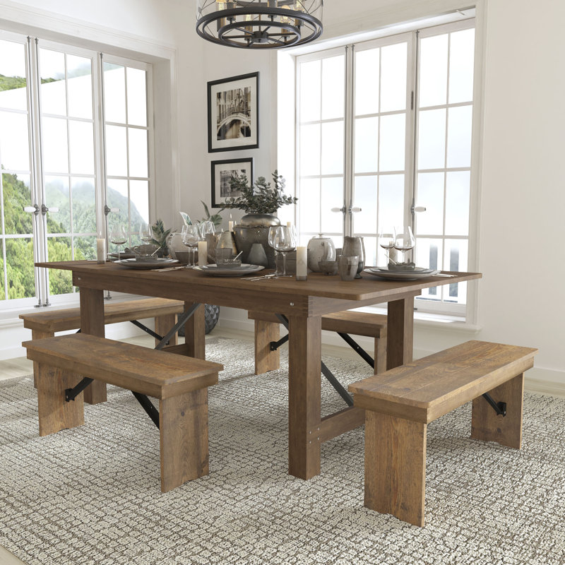 Antique Rustic 6-Person Pine Wood Farm Dining Set with Benches