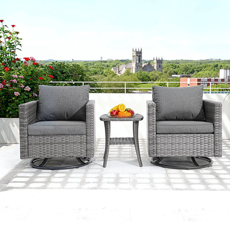 Aldos All Weather Outdoor Patio Swivel Rocker Conversation Set With Thick Cushions and Table