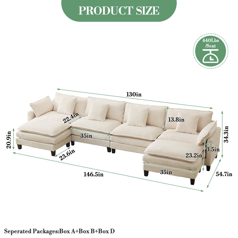 Canapé modulaire modulaire, canapé en velours côtelé avec repose-pieds mobile, coussins décoratifs, Chenille beige