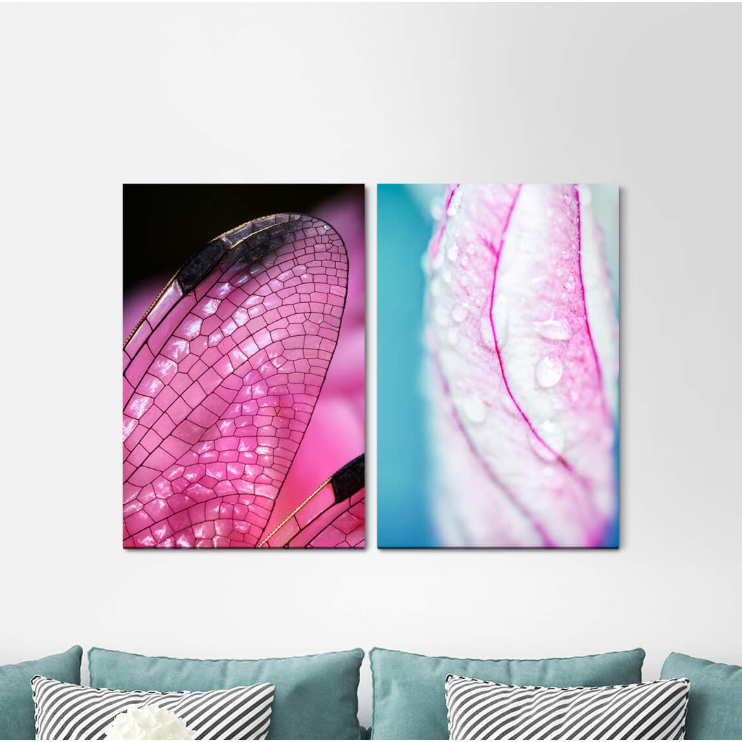 2-tlg. Leinwandbilder-Set - Fotografie „Blossom Dragonfly Wings Raindrops Pink”