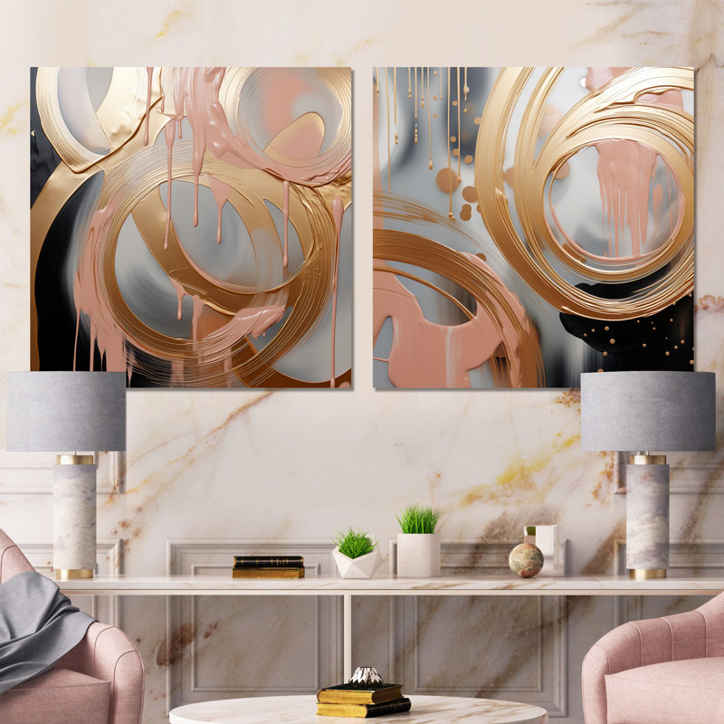 Abstrait, or et rose, encre liquide, cercles IV - formes abstraites, ensemble de 2 reproductions d'art mural, Toile tendue