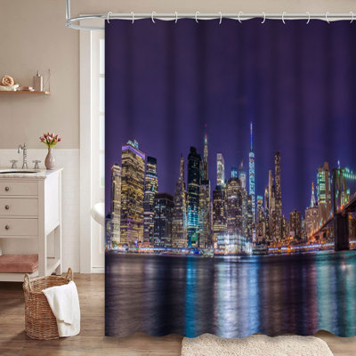 South Manhattan Night New York City Shower Curtain with 12 Hooks