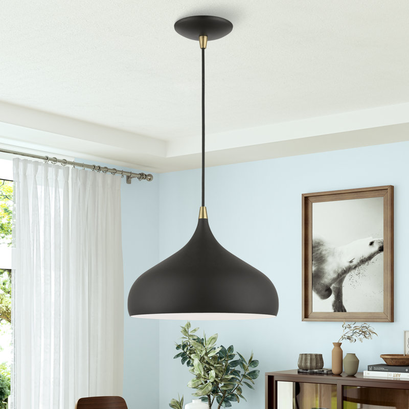Ithel 1-Light Dimmable Aluminum Pendant, Textured Black/Antique Brass, Textured Black