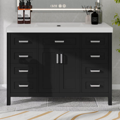 Meuble-lavabo 48 po avec lavabo en résine, portes à fermeture douce et 8 tiroirs, meuble-lavabo en bois massif et panneau de fibres à densité moyenne avec rangement