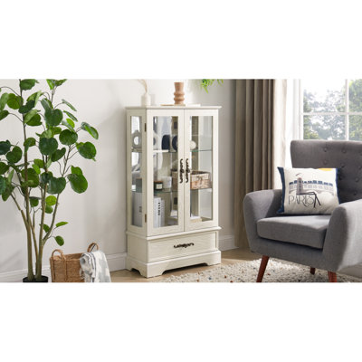 Lighted Glass Curio Cabinet With Adjustable Shelves - Elegant 2-Door Display Cabinet & Built-In Drawer, Includes Bulb - Finish