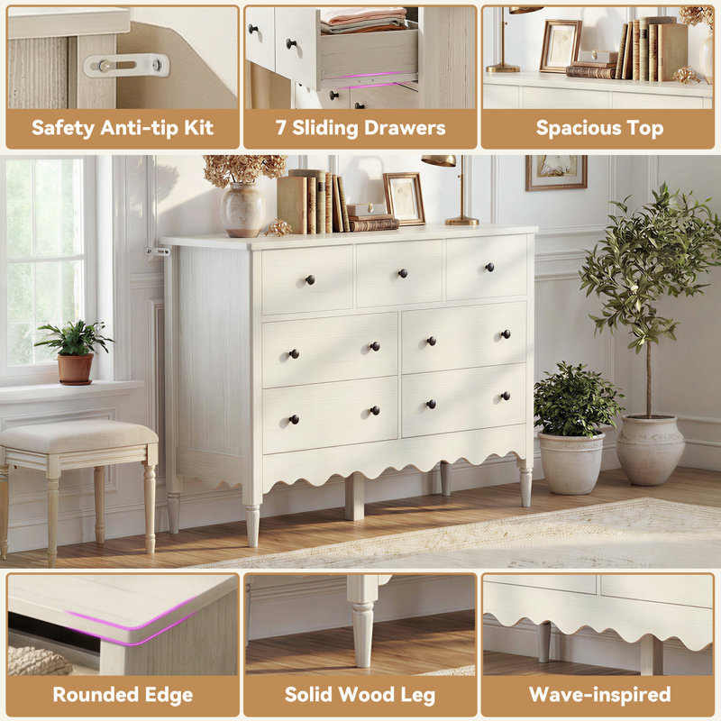 43.3" Dresser With Wood Drawers, Distressed White