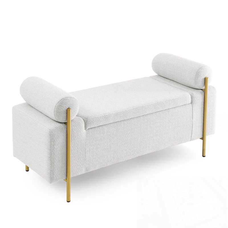 Velvet Upholstered Bench with flip top Storage and metal legs, White