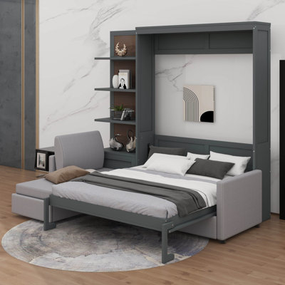 Murphy Bed With Sofa And Shelves, Solid Wood Wall Bed Can Be Folded Into A Cabinet
