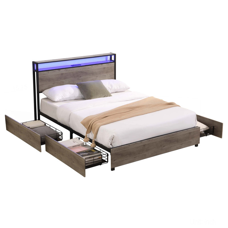 Bed Frame, Storage Headboard with Charging Station, Solid and Stable, Noise Free, No Box Spring Needed, Easy Assembly, Gray
