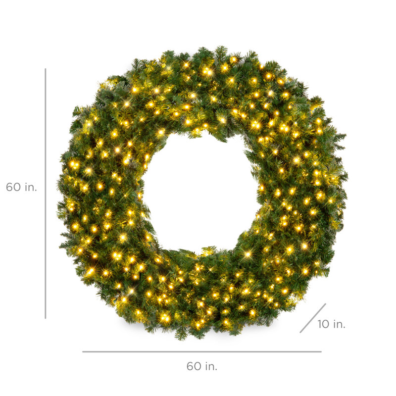 Artificial Pre-Lit Fir Christmas Wreath Decoration w/ LED Lights, 930 Tips, Power Plug-In, 10" H x 60" W x 60" D