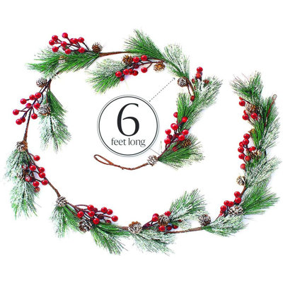 Christmas Garland Winter Red Berries Holiday Decoration Pine Cones, Evergreen Pine Needle – Unlit Berry Garlands Xmas Decor, Kitchen, Bar, Fireplace/indoor/outdoor Greenery With Snow 6 Ft Long (6ft)