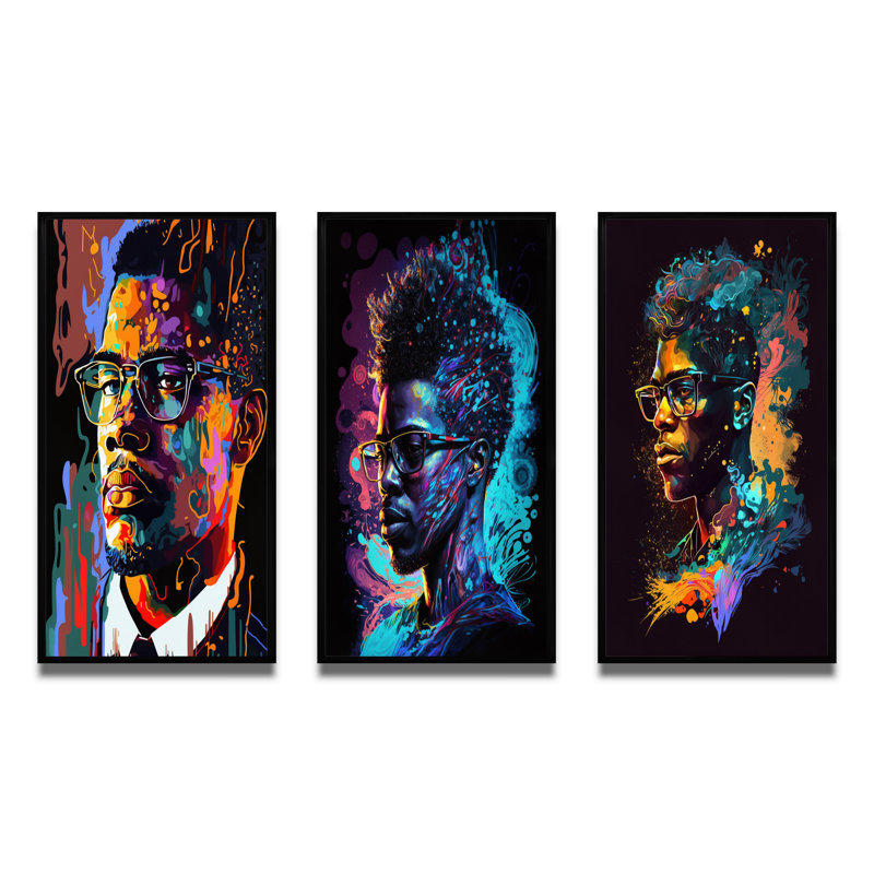 «Malcolm X Illustration», 3 pièces sur toile, H 28 po x l 36 po, Cadre flottant noir