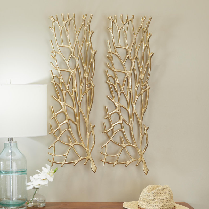 Gold Aluminum Metal Coral Inspired Home Wall Decor, Set of 2 11"W, 33"H, Gold