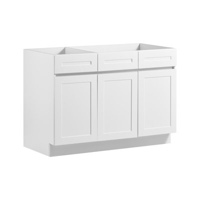 Meuble sous-évier blanc de style Shaker, à assembler, 122 cm de largeur (48 po), dimensions : 122 cm (48 po) L x 61 cm (24 po) P x 88 cm (34,5 po) H, avec 3 portes, quincaillerie à fermeture amortie et chants fins. Parfait pour la maison, le bureau et la buanderie.