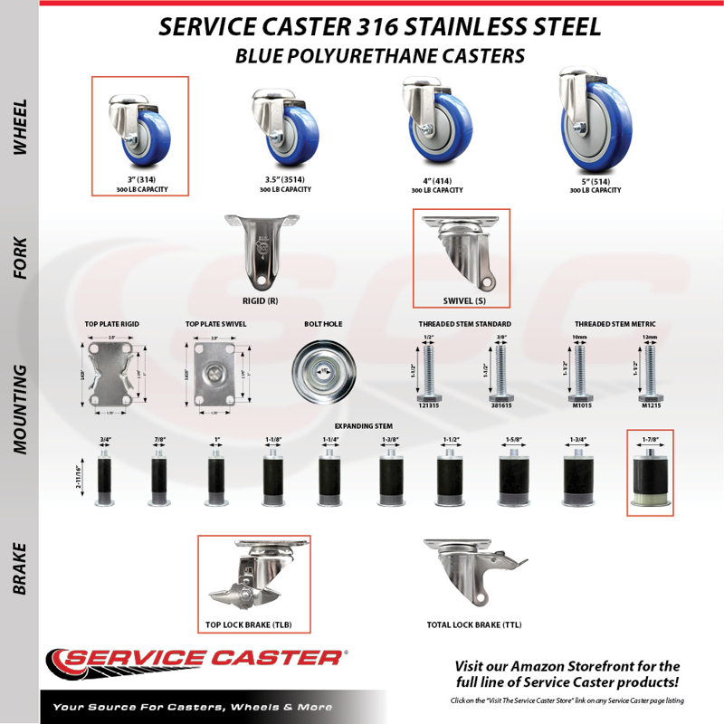 Jeu de roulettes extensibles en acier inoxydable 316SS, Bleu