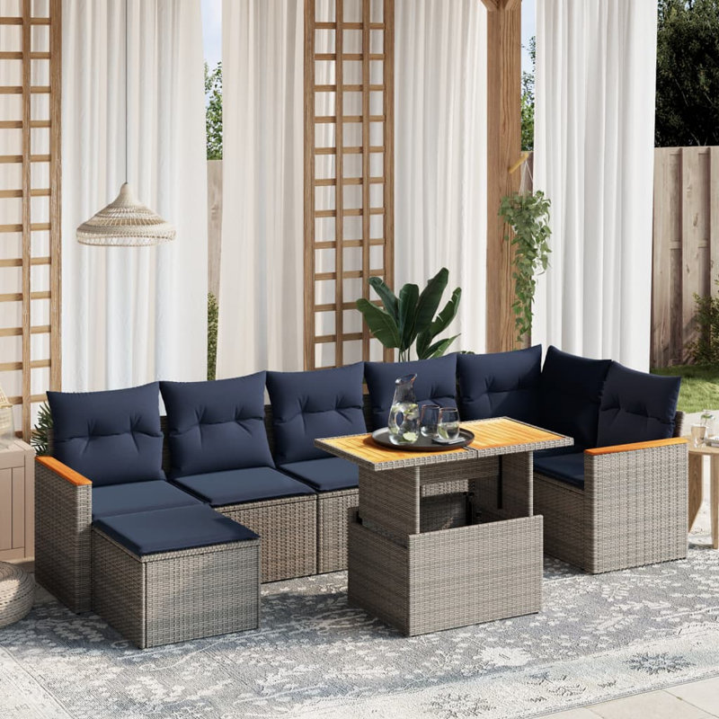  8 Piece Patio Sofa Set With Cushions Poly Rattan, Grey, Blue