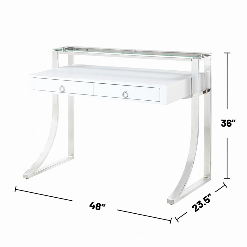 Bureau blanc laqué, 2 tiroirs, structure en chrome poli, plateau en verre et en panneau de fibres à densité moyenne, mobilier de bureau classique